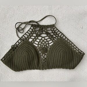 Abercrombie Swim olive green crochet halter bikini top Womens M